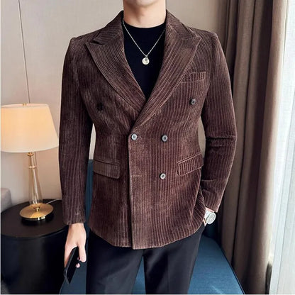 Autumn Winter New Men Corduroy Suit Jackets Double-Breasted Striped Slim Fit Casual Coats High Quality Formal Business Tailcoat