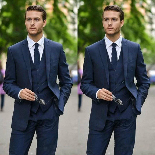 Navy Blue Men Suits Groom Tuxedos Notch Lapel Mens Wedding Blazer Suits Custom Made 3 Pieces Suit(Jacket+Pants+Vest)