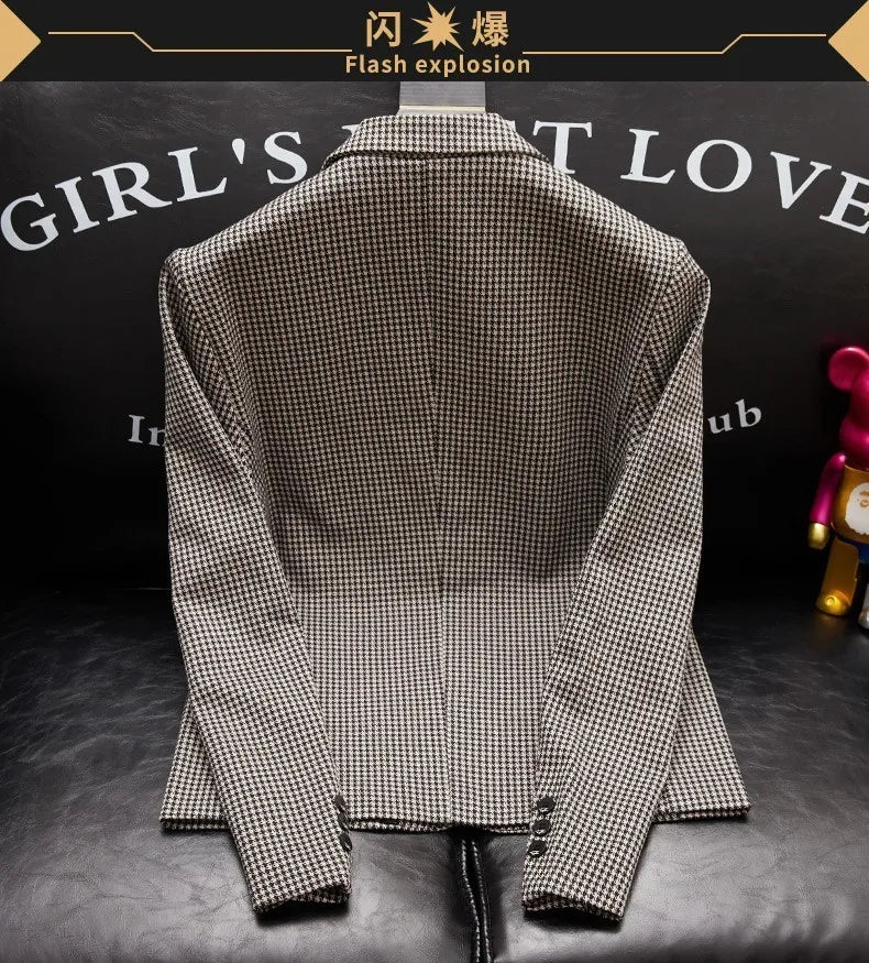 Plus-Size Men's Spring New Korean Style Slim-Fit Trendy Handsome Single-Breasted Houndstooth Suit Jacket