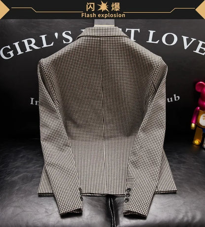 Plus-Size Men's Spring New Korean Style Slim-Fit Trendy Handsome Single-Breasted Houndstooth Suit Jacket