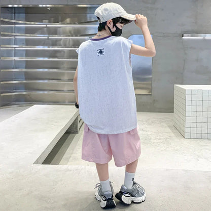 Korean Kids New Summer Suit for Teen Boy Cotton Tshirt + Cargo Shorts 2 Pieces Clothes Set Child Letter Print Outfit Tracksuit