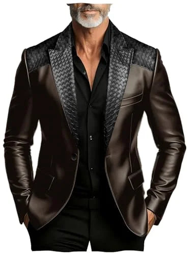 Men's Faux Suede Jacket with PU Leather Collar & Shoulder Two-Tone Blazer Contrast Trim Coat