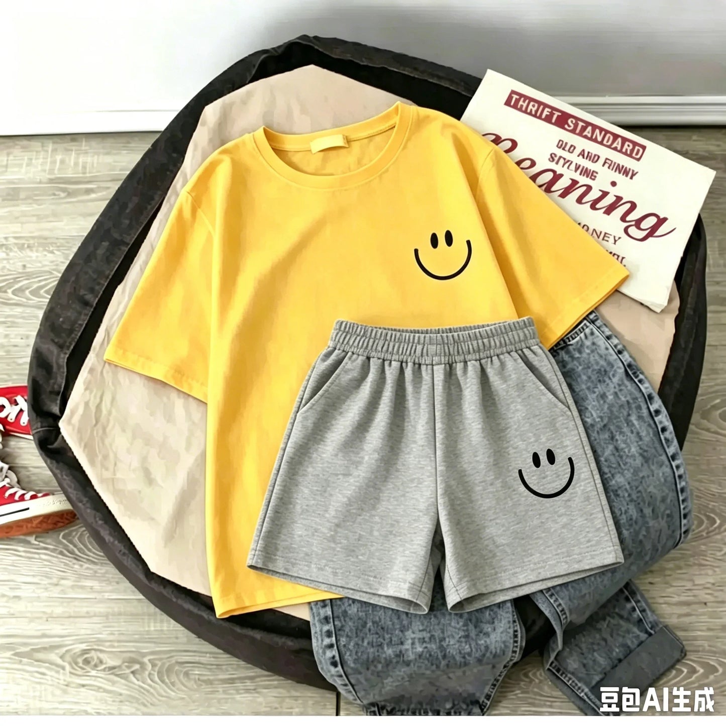 2026 New Summer Smiling Face Print Kids T-shirt Set Short-sleeved Pure Cotton Loose Basic Versatile Cool Simple Kids Outfit Tops