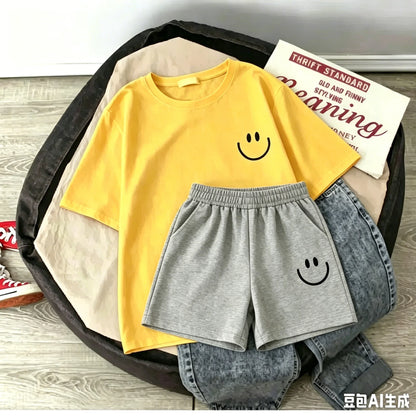 2026 New Summer Smiling Face Print Kids T-shirt Set Short-sleeved Pure Cotton Loose Basic Versatile Cool Simple Kids Outfit Tops