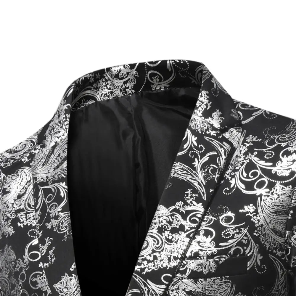 Men's Slim Fit Print Blazer Jacket 2025 Fashion Handsome Business Casual Silver Stage Show Suit Small Menswear