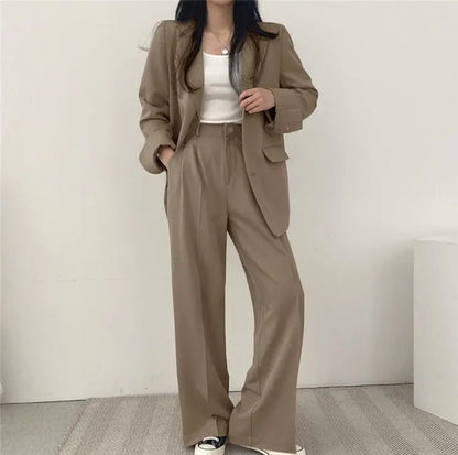 Casual Notch Lapel Suit Set with Button Thick Wide Leg Small Suit Pants High Waist Drape Polyester Business Lady Style Women