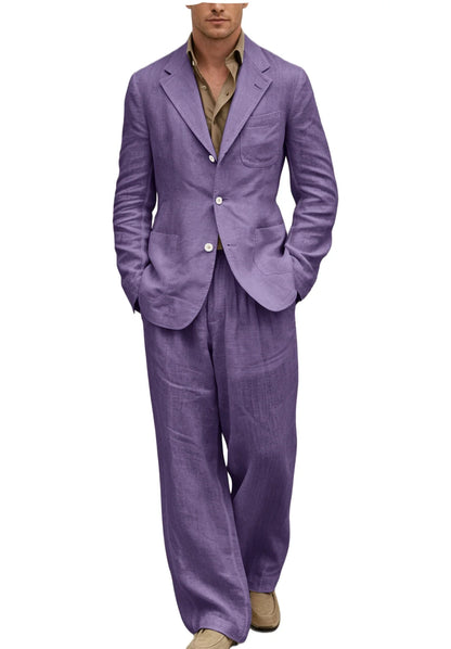 Men's Linen Suit 2 Pieces Set Casual Blazer & Wide Leg Pants Notch Lapel Breathable Wedding Business Party Jacket Tuxedo Summer