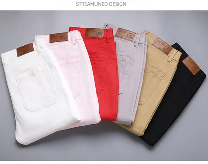 Spring and Autumn Men's Multi-Pocket Design Jeans Fashionable and Versatile White Khaki Red Comfortable Stretch Denim Pants