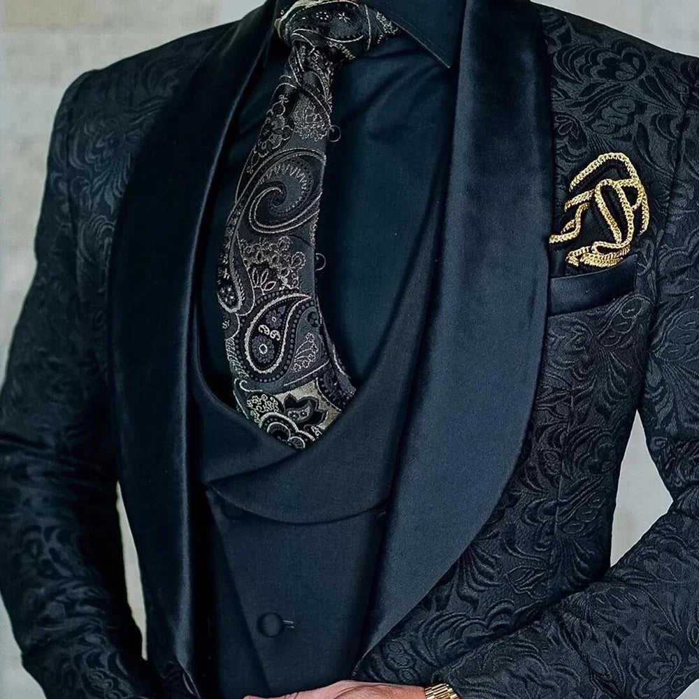 Elegant White Suits for Men Fashion Shawl Lapel Jacquard Male Suit Luxury Formal Party Prom Groom Wedding Tuxedo 3 Piece Set