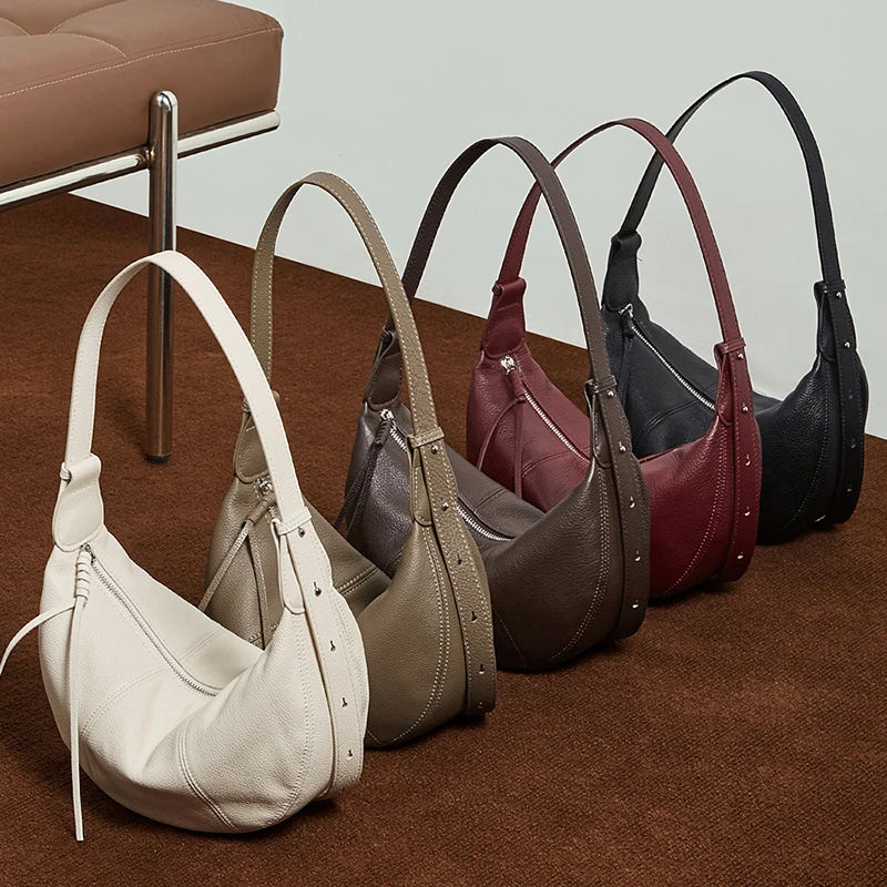 2025 New Top Grain Leather Croissant Dumpling Bag Unique Solid Color Shoulder Crossbody Bag Women Practical Commuting Handbag
