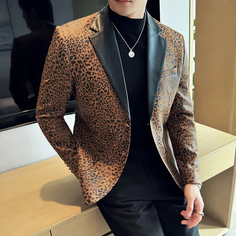 Splicing Leather Neck Casual Suit Jacket Fashion Leopard Men's Business Slim Fit Social Formal Blazers Wedding Groom Tuxedos