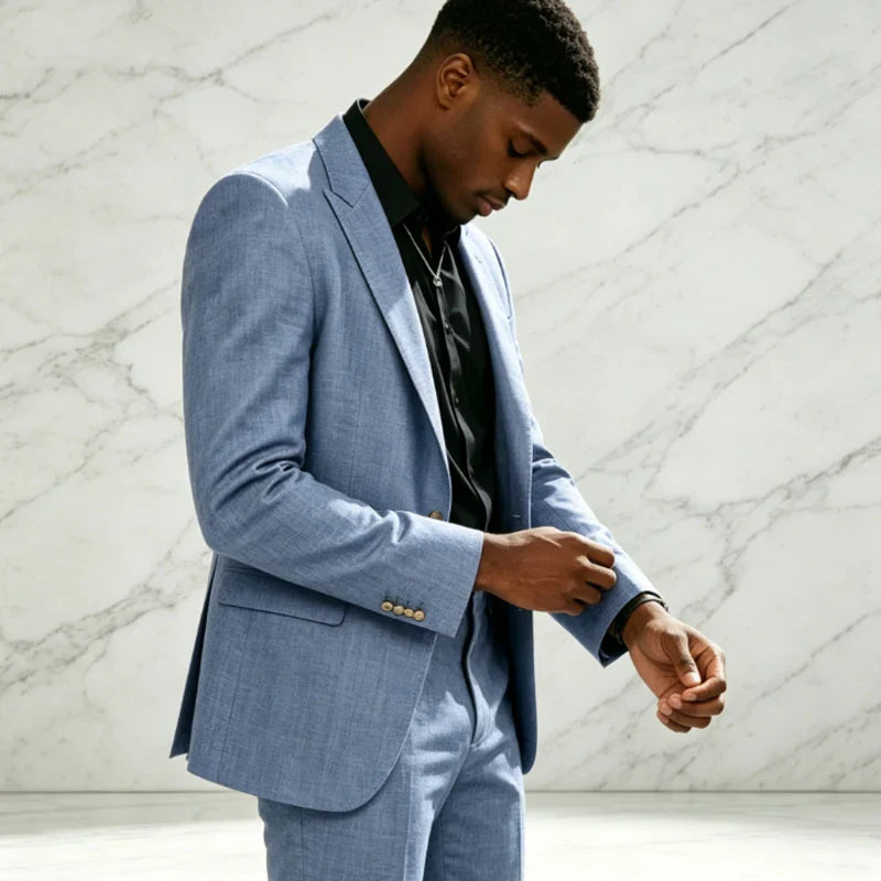 Vintage Men's Linen Suit 2 Piece Notch Lapel 2 Button Blazer Wide Leg Flare Pants Breathable Lightweight Set for Business Casual