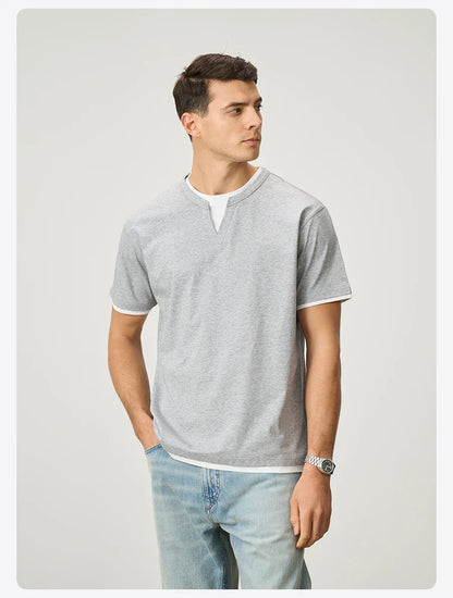 2026 Summer New Oversize 210gsm Cool Feeling Sorona Fabric Fake Double Layer T-shirts Men Comfortable Plus Size Tops