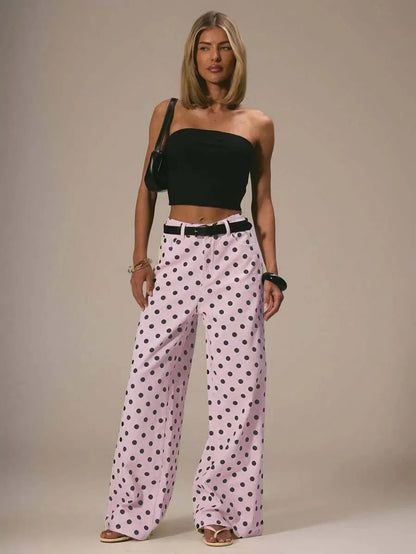 Spring Autumn High Wasit Jeans Pants Women 2026 Fashion Vintage Polka Dot Print Wide Legging Denim Trousers Bottoms Casual
