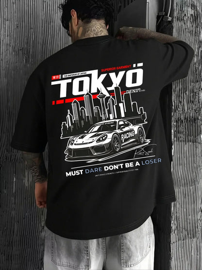 Men's Summer 100% Cotton Fashionable Casual Loose Large Size Japanese Tokyo Pattern Printed Round Neck Short Sleeve T-shirt Top