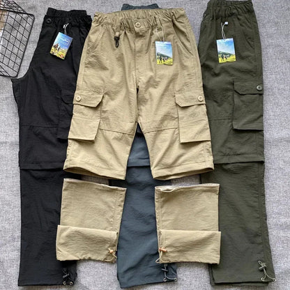 Men's Summer Cargo Pants Quick Dry Double Used Pants Elastic Waist Detachable Feet Loose Straight Waterproof Long Trousers