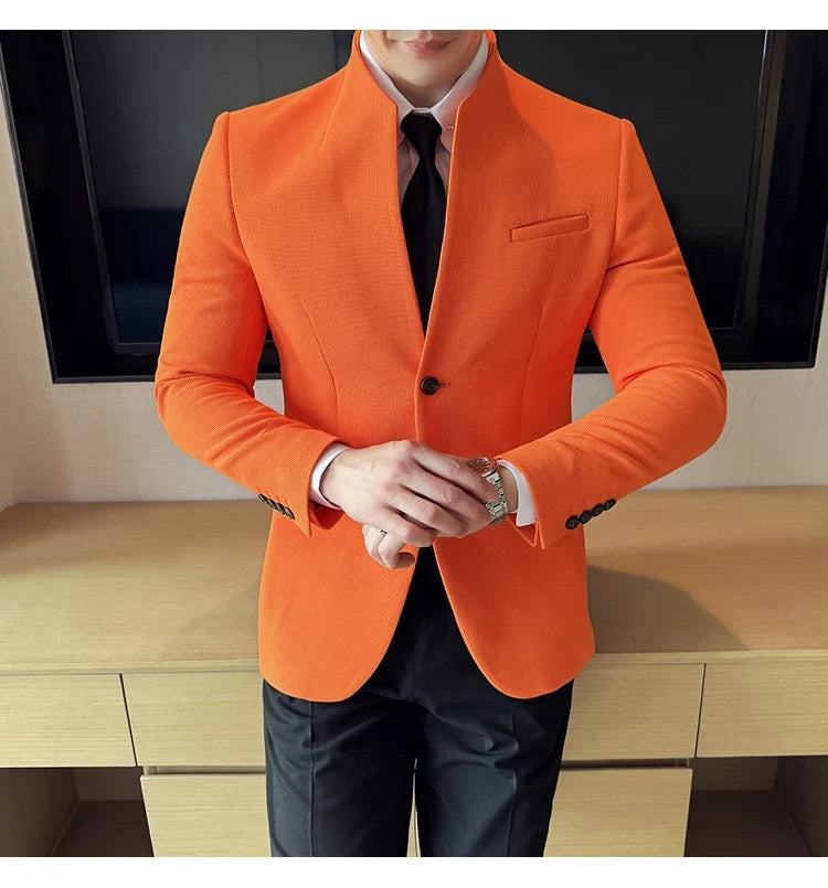 New Waffle Chinese Stand-Up Collar Blazers Men Slim Fit Business Casual Fashion Suits Jacket Formal Social Prom Party Tuxedos