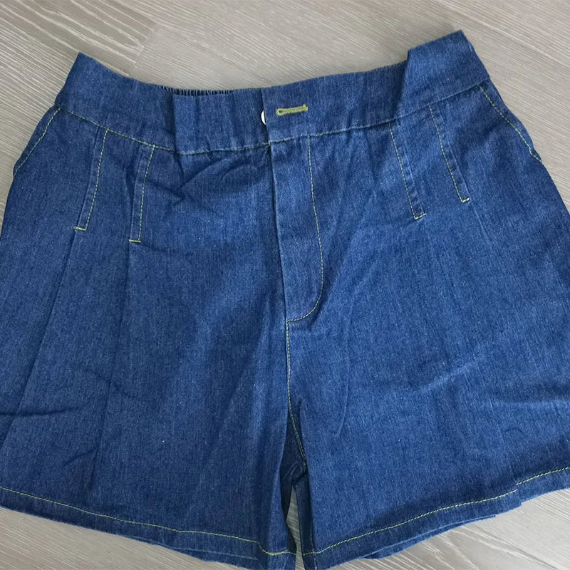 2024 Summer Plus Size Denim Shorts For Women High Elastic Waist Blue Or Sky Blue Pleated Mini Large Size Short Femme