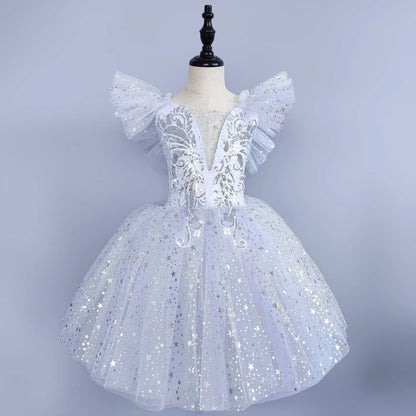 Kids Sequin Ballet Dress Performance Clothes Silver Girls Modern Dance Skirts Children Ballet Tutu Party Princess Dress Costumes