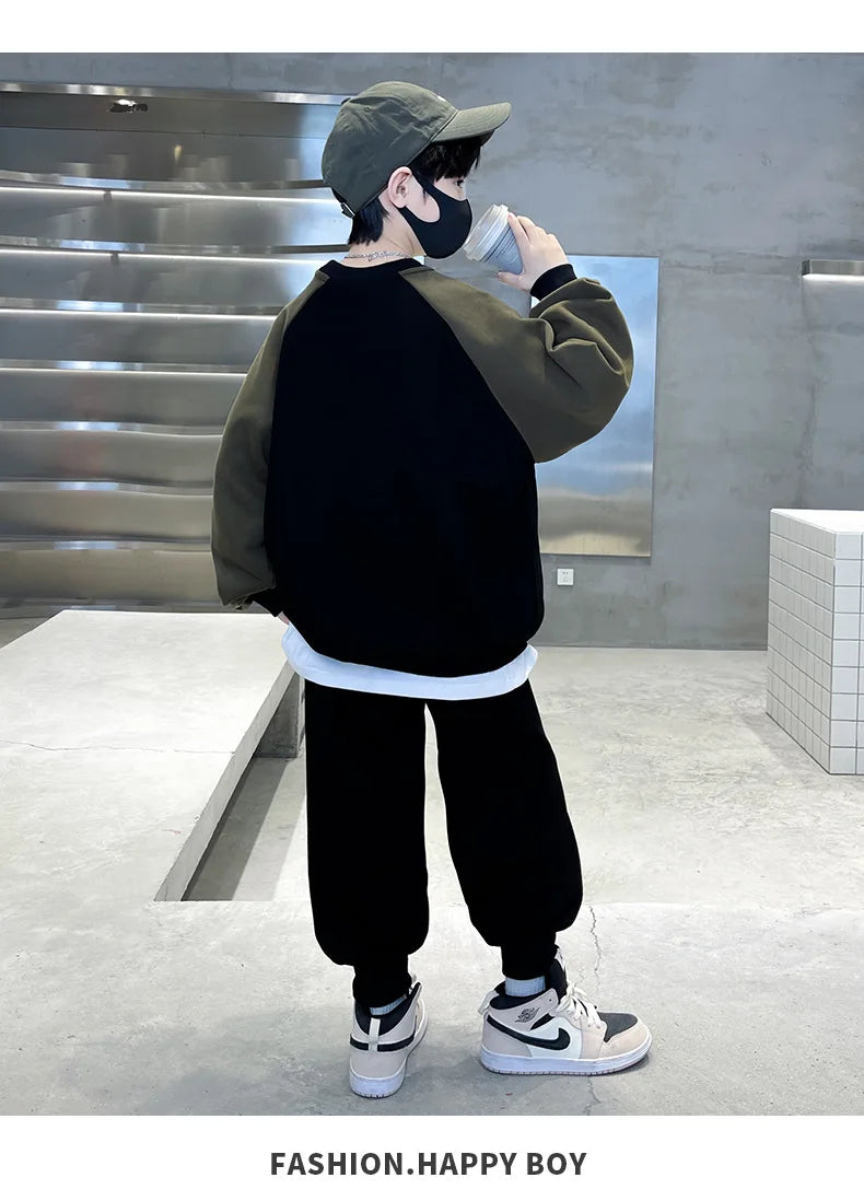 Spring Autumn Boys Patchwork Cartoon Sweatshirt+Sweatpant Workout Set School Kids 2PCS Tracksuit Children Jogging Outfit 5-16 Yr