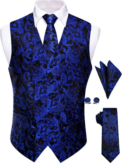 Mens Royal Blue Red Bronwn Orange Vest Tie Hanky Cufflinks Set Paisley Waistcoat Sleeveless for Male Wedding Busniess