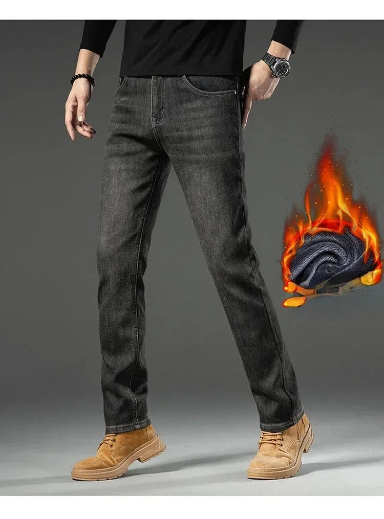 High Quality Winter Jeans New Casual Straight Tube with Fleece Thickening Loose Outside Warm Long Pants Streetwear Men