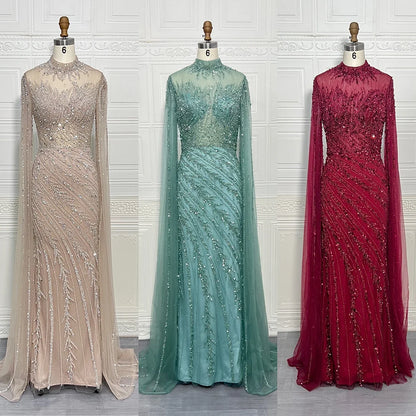 Luxury Saudi Arabia Mermaid Beaded Cape Sleeves High-Neck Evening Dresses 2025 Dubai Party Gowns for Women Wedding Customized