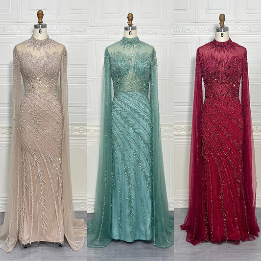 Luxury Saudi Arabia Mermaid Beaded Cape Sleeves High-Neck Evening Dresses 2025 Dubai Party Gowns for Women Wedding Customized