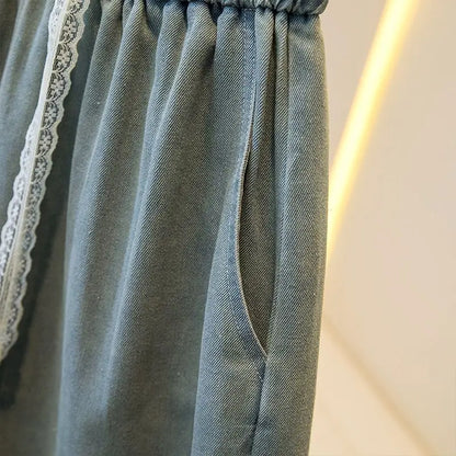 Women's High Waist Denim Shorts Summer Casual Loose Wide Leg with Lace Edging Five Points Trousers