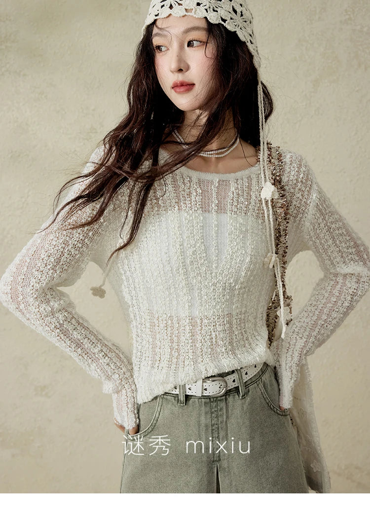 Women 's Apricot White Hollow Knitted Sweater Spring 2025 Mohair Cover Drop Sleeve Top Strapless Slim Tube Top MXE12Z1120