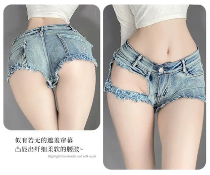 New Sexy Women Shorts Low Rise Ripped Denim Open Crotch Hole Denim Shorts Jeans Nightclub