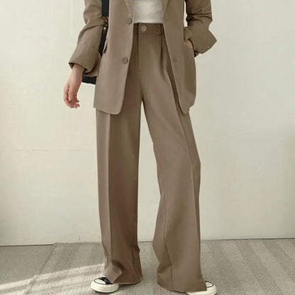 Casual Notch Lapel Suit Set with Button Thick Wide Leg Small Suit Pants High Waist Drape Polyester Business Lady Style Women