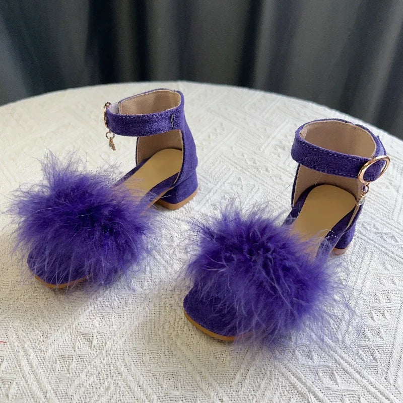 Toddler Girls Sandals Summer Low-heels Children's Sandals Open-toe Princess Fluffy New Versatile Kids Fashion Ankle-strap Shoes