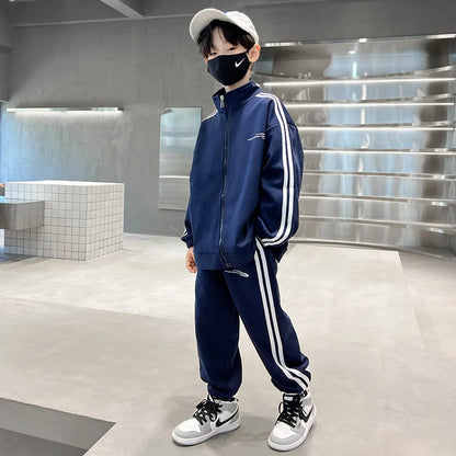 Spring Autumn Boys Navy Striped Zip Sweatshirt Coats+Sweatpant Sets School Kids Tracksuit Children Outfit Jogging Suit 3-14Yrs