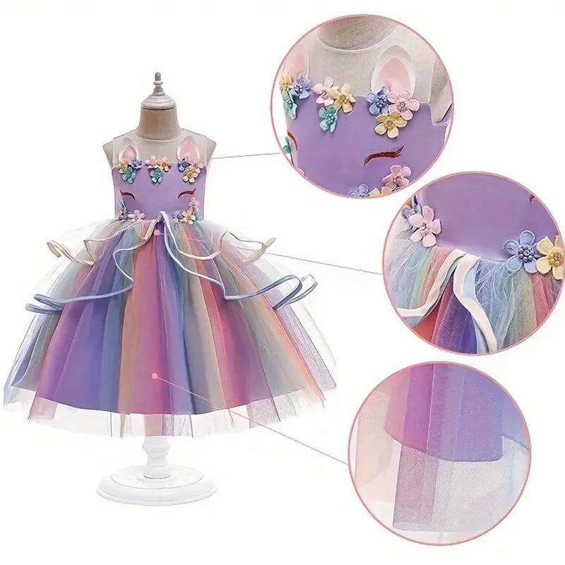 Dreamy Girl Embroidery Sleeveless Unicorn Mesh Princess Dress With Hair Hoop Wing For Kids Party Performance Birthday Gift 2-10T
