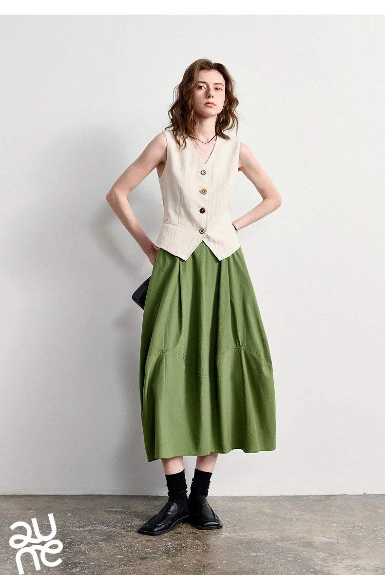 Women's A-Line Bud Skirt 2026 Summer New Split Detail Retro Puff Midi Skirt, Lightweight Outdoor Wear