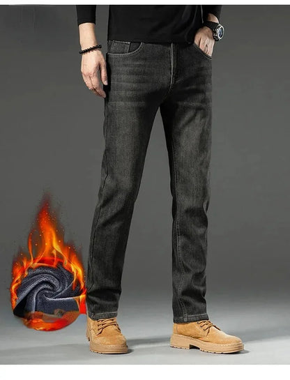 High Quality Winter Jeans New Casual Straight Tube with Fleece Thickening Loose Outside Warm Long Pants Streetwear Men