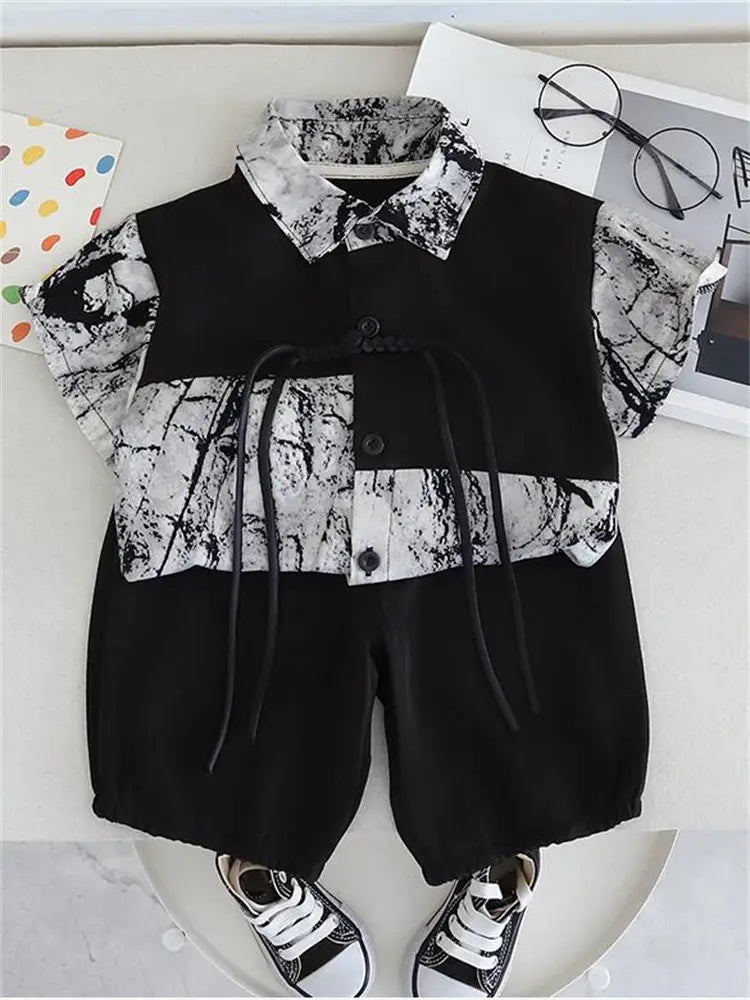 Summer Children Boys National Style Children's Clothes Shirt Shorts 2pcs/Set Toddler Fashion Clothing Tracksuit 1 2 3 4 5 Years