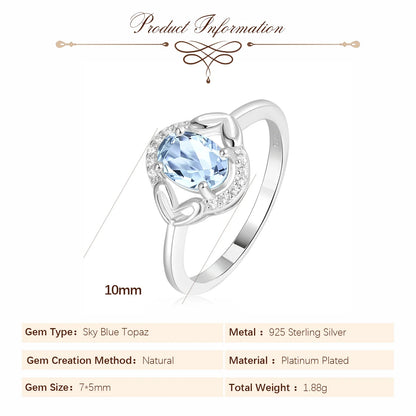 Oval Genuine Natural Sky Blue Topaz 925 Sterling Silver Rings for Women Fashion Gemstone Engagement Ring Band