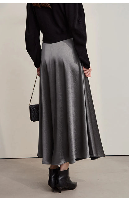 Women's Skirt Loose Long A-skirt Satin Skirts For Women 2025 Autumn New Minimalist Solid Color Clothing Ladies 12513015