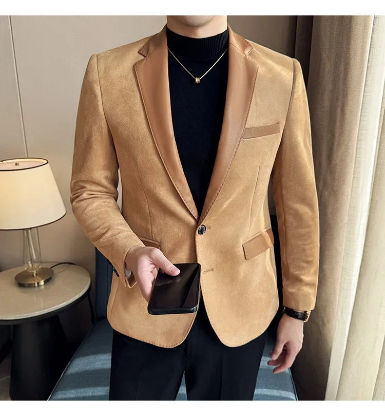 High Quality Deerskin Velvet Splicing Leather Collar Suit Blazers Men Casual Business Slim Coats Mens Social Wedding Clothing