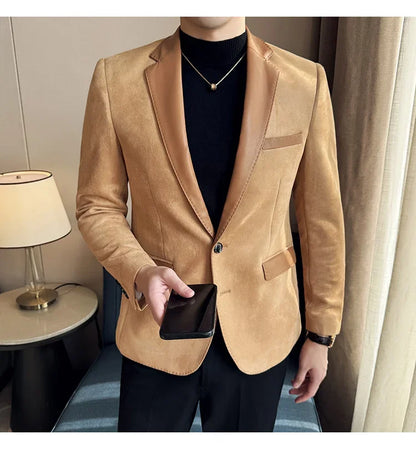High Quality Deerskin Velvet Splicing Leather Collar Suit Blazers Men Casual Business Slim Coats Mens Social Wedding Clothing