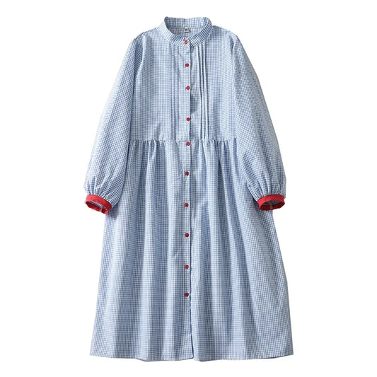Sweet Japanese Sle Cotton Linen Plaid Long Sve Dr Women Spring Autumn Slimming Doll Dr Cardigan Stand Collar Long ...