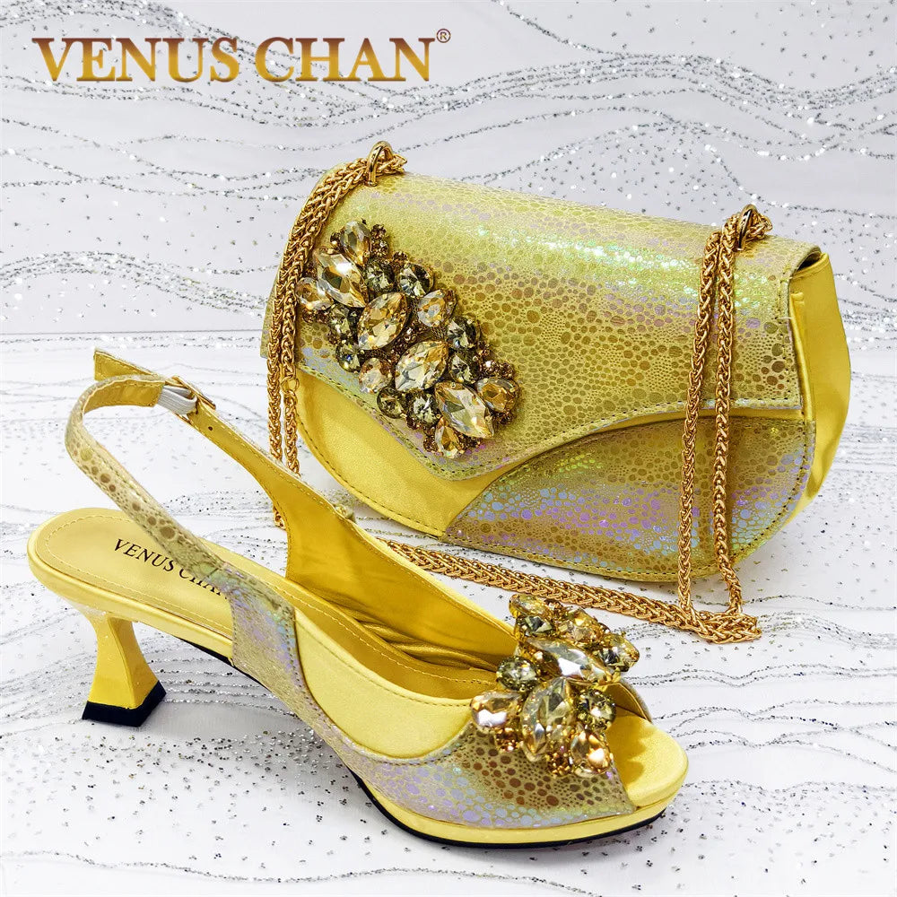 2025 Newest INS Style Gold Color Elegant Women High Heels Nigeria Popular Designer African Ladies Shoes And Bag Set