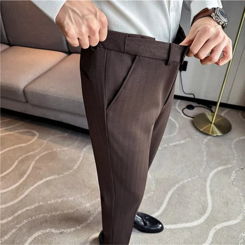 High Qualitys Wool Elastic Waist Striped Suit Pants Autumn Winter Thickening Men Business Slim Fit Social Casual Trousers Hommes