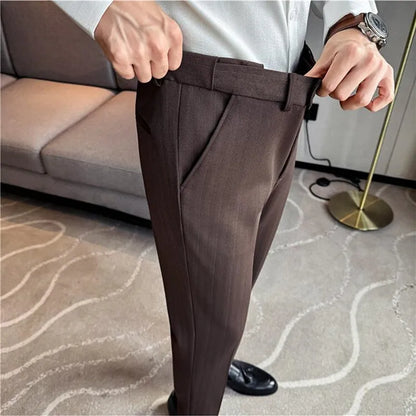 High Qualitys Wool Elastic Waist Striped Suit Pants Autumn Winter Thickening Men Business Slim Fit Social Casual Trousers Hommes