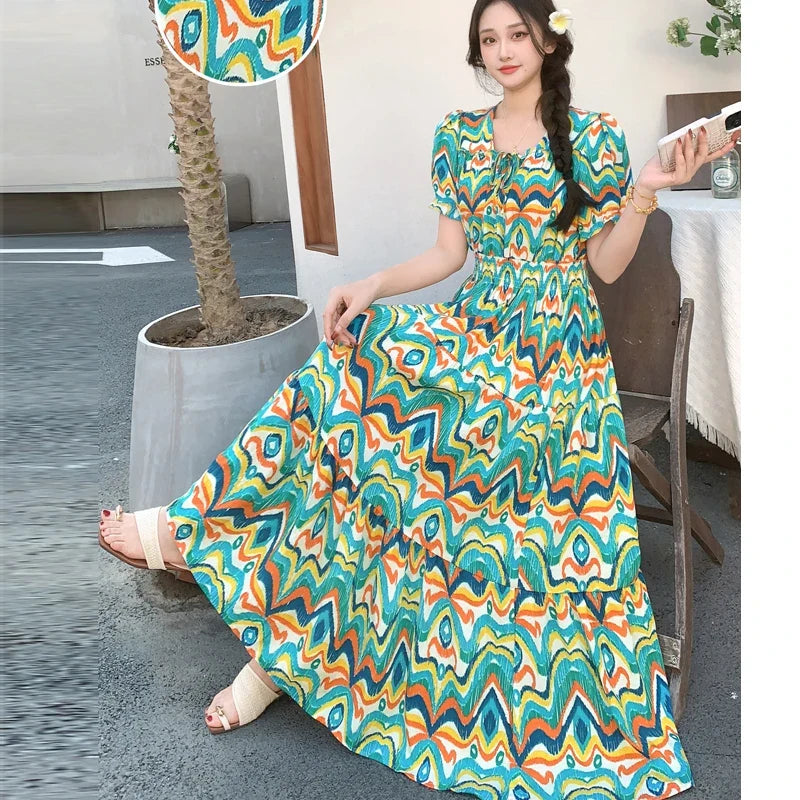 Summer New Cotton Silk Floral Print Maxi Dr ort Sve Beachwear High Waist Young Women's Large Skirt Swing Dr