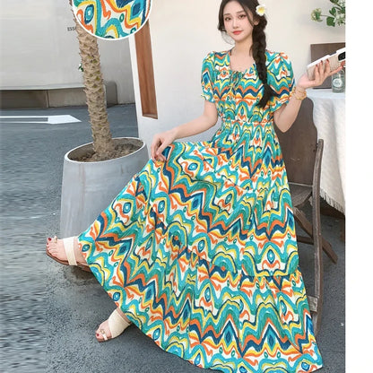 Summer New Cotton Silk Floral Print Maxi Dr ort Sve Beachwear High Waist Young Women's Large Skirt Swing Dr