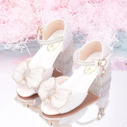 2025 Summer Girls' Princess Shoes Fashion Sequin Bow Soft Bottom Children's Sandals Girls' Performance Pearl Crystal High Heels