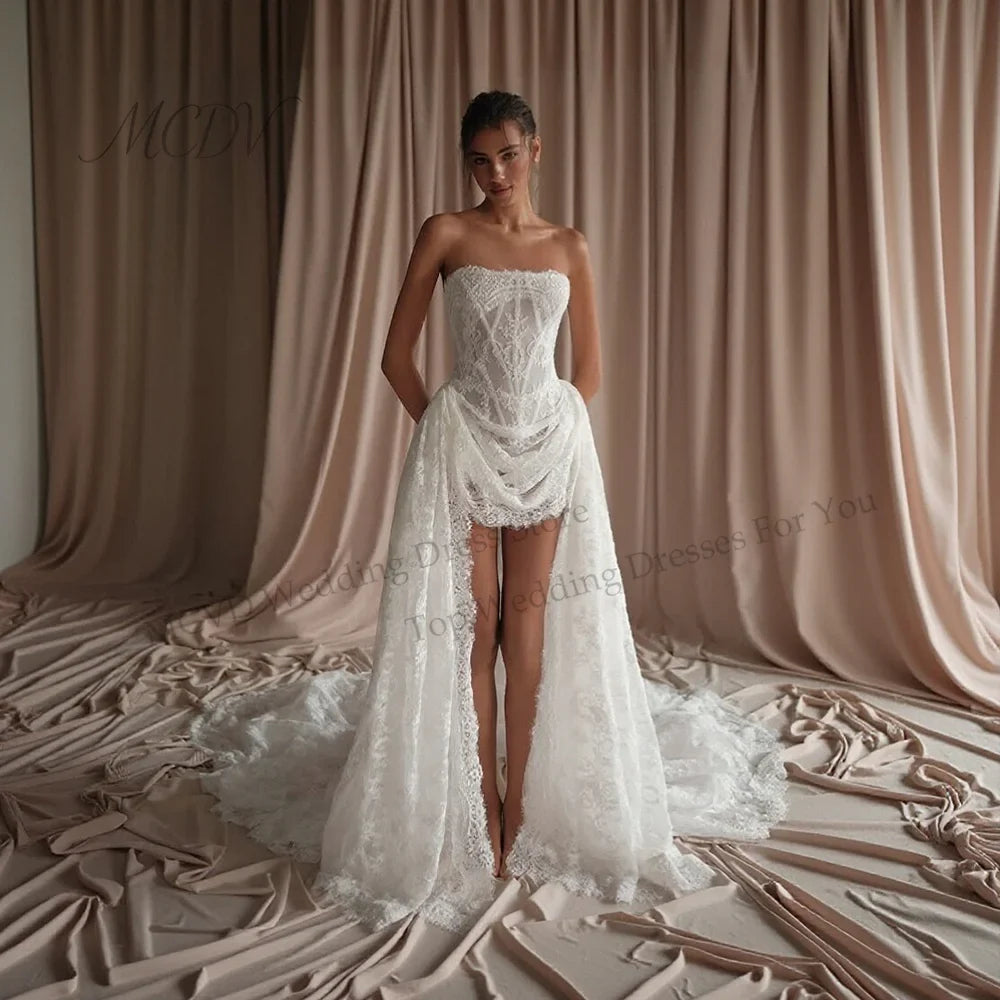 Boho Lace Corset Short Wedding Dress 2026 Detachable High Low Train Strapless Applique Bridal Gown for Elopement Customized